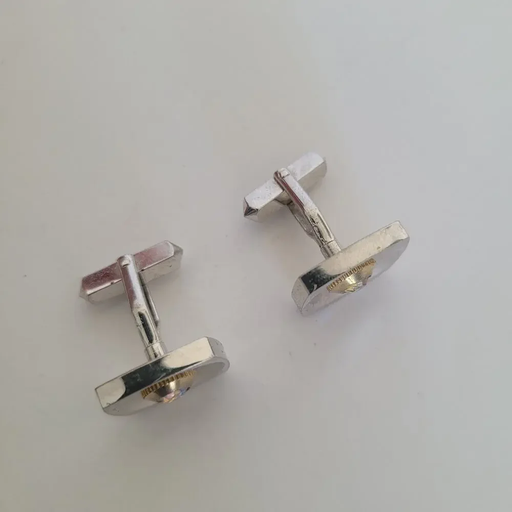 Silver Tone Logo Cufflinks Vintage Square Retro Circonia Space Age Mid Century‎